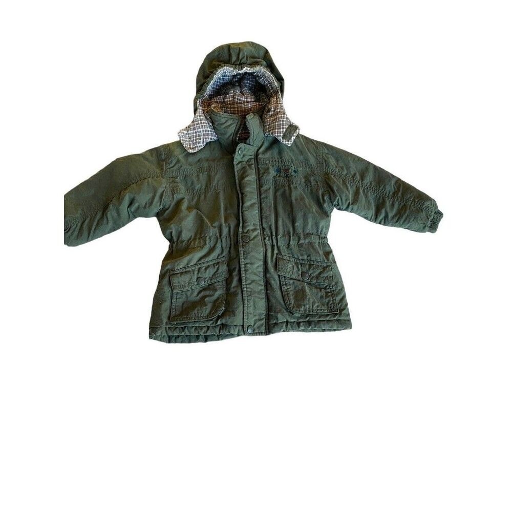 OshKosh B'gosh Toddler Boys Green Plaid Lined Hooded Parka Jacket Size 3T
